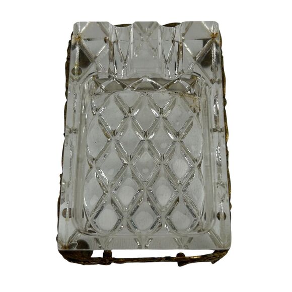2 Vintage Glass Crystal And Gold Toned Metal Ashtrays Hollywood Regency Style - Picture 7 of 9